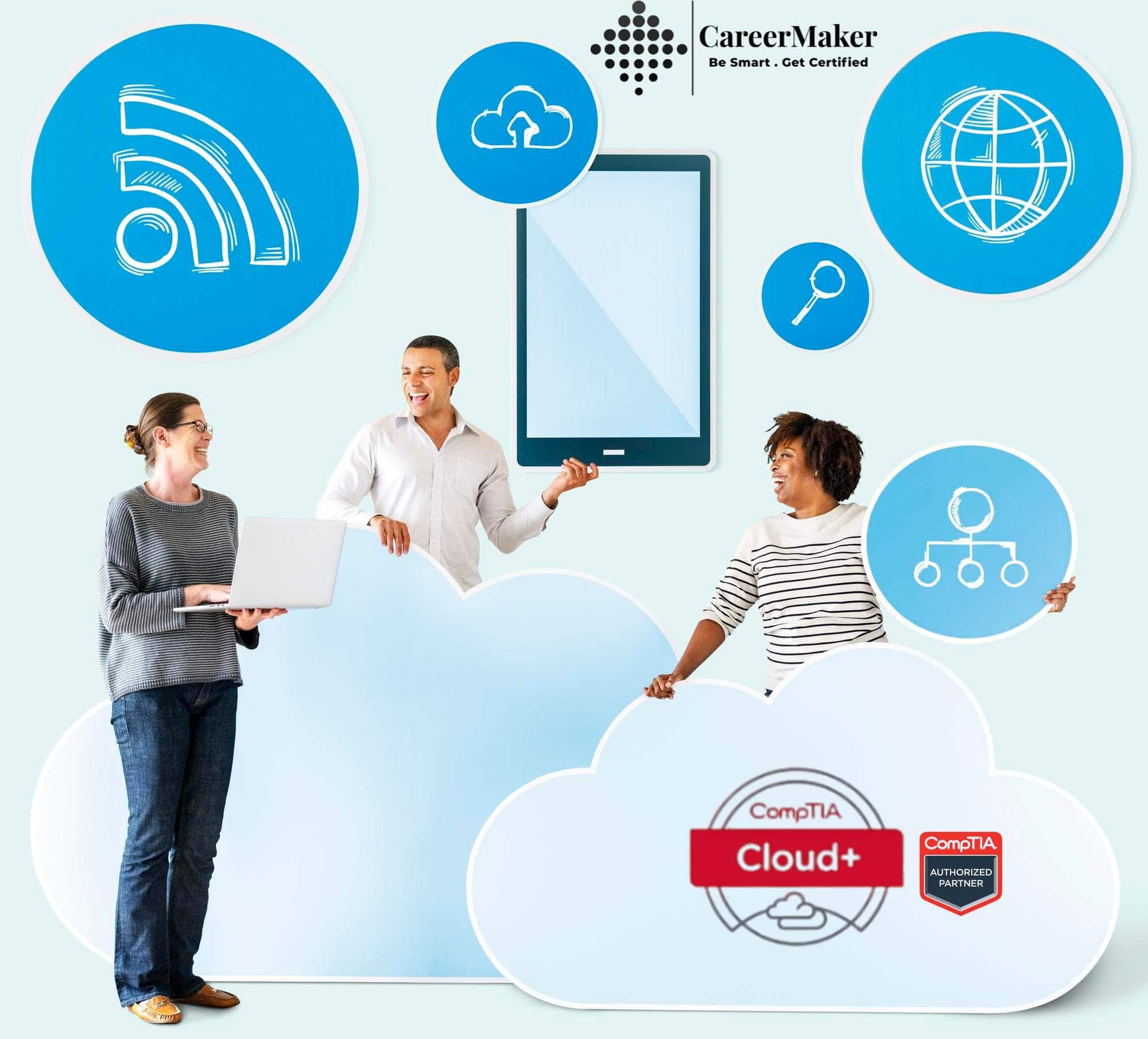 Professionals in a meeting with logos for Career Maker and CompTIA Cloud+ Training Course