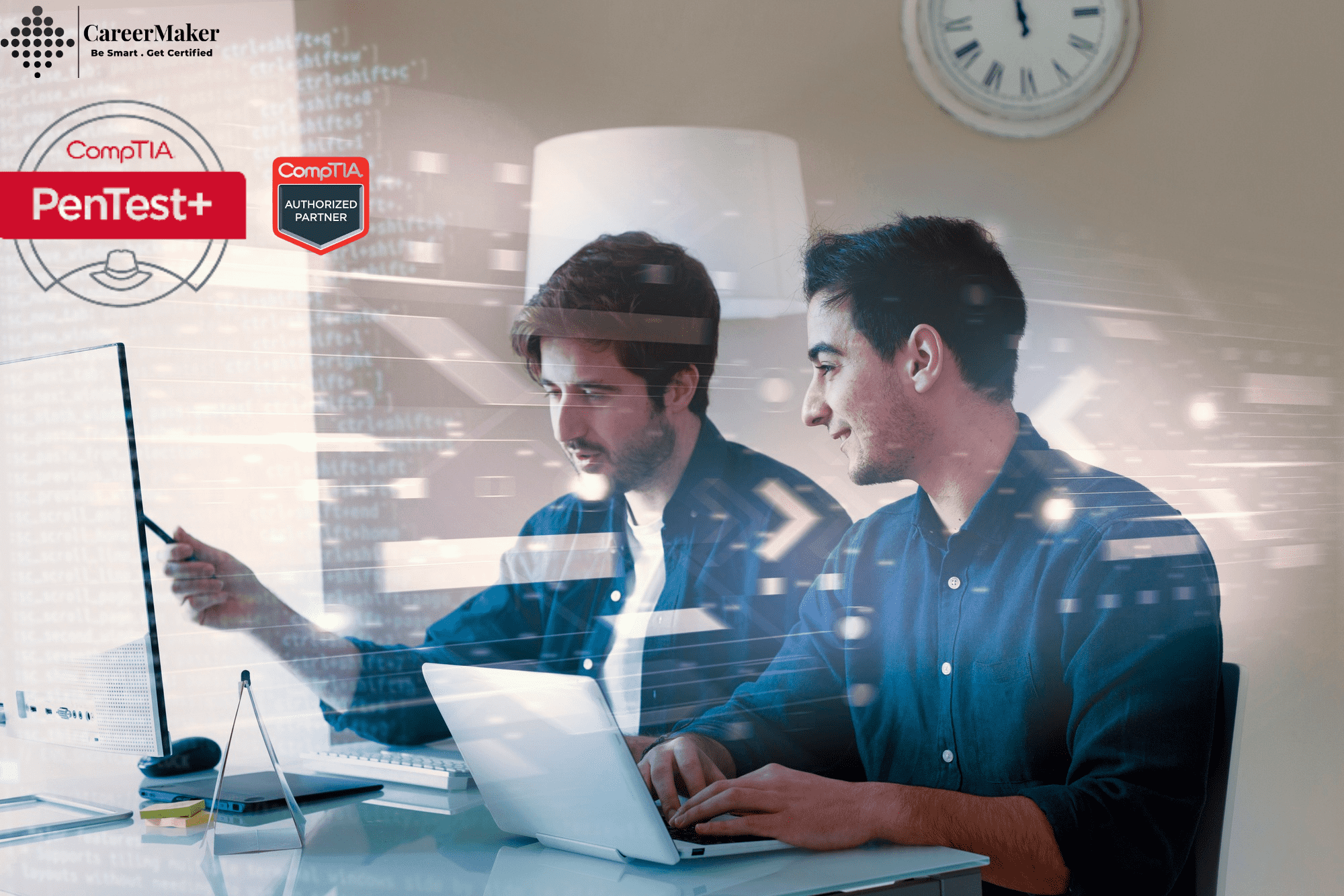 two man working on a laptop with CompTIA PenTest+ Certification with Career Maker logo