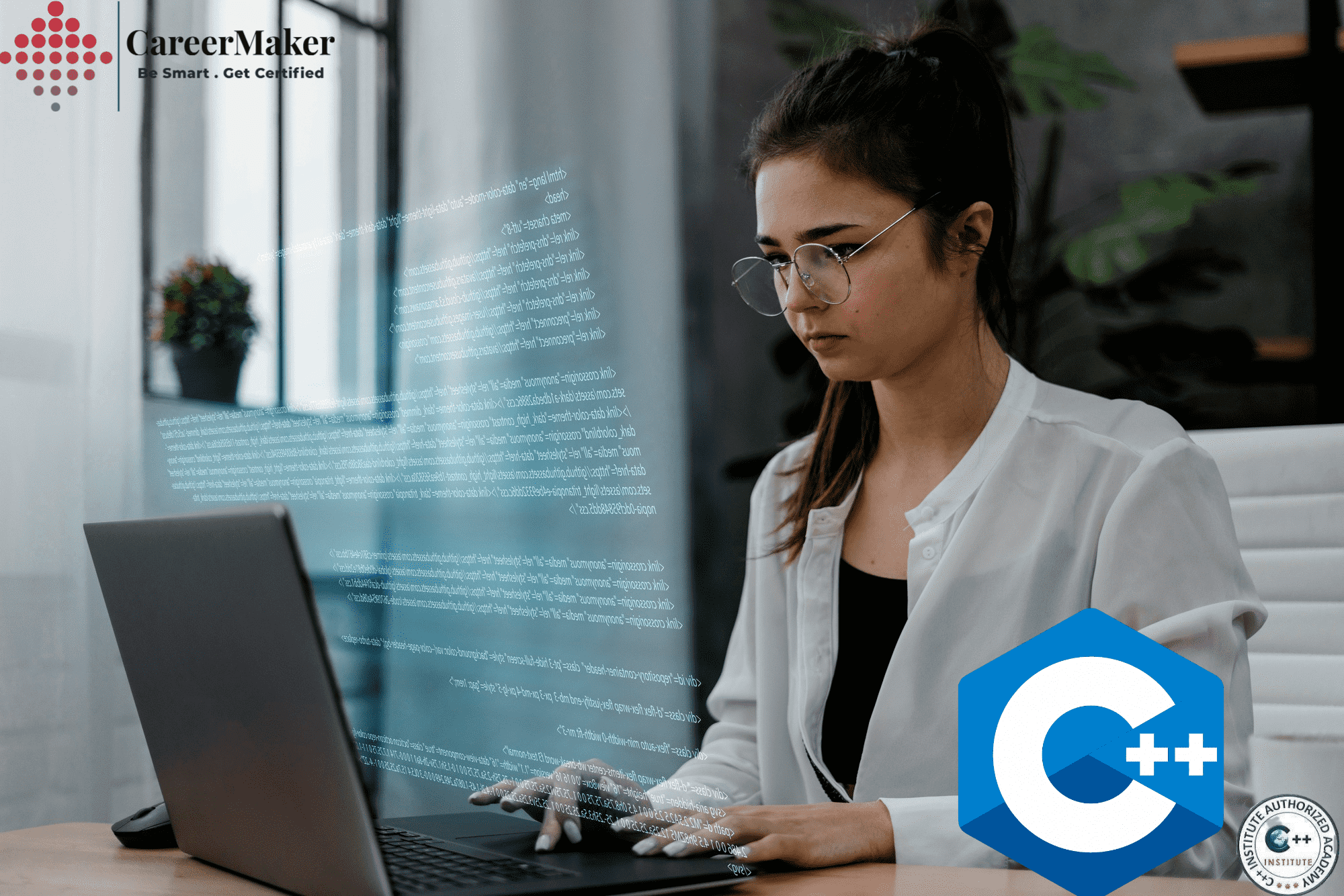 Woman working on a laptop with C++ code, Career Maker logo, and C++ logo.