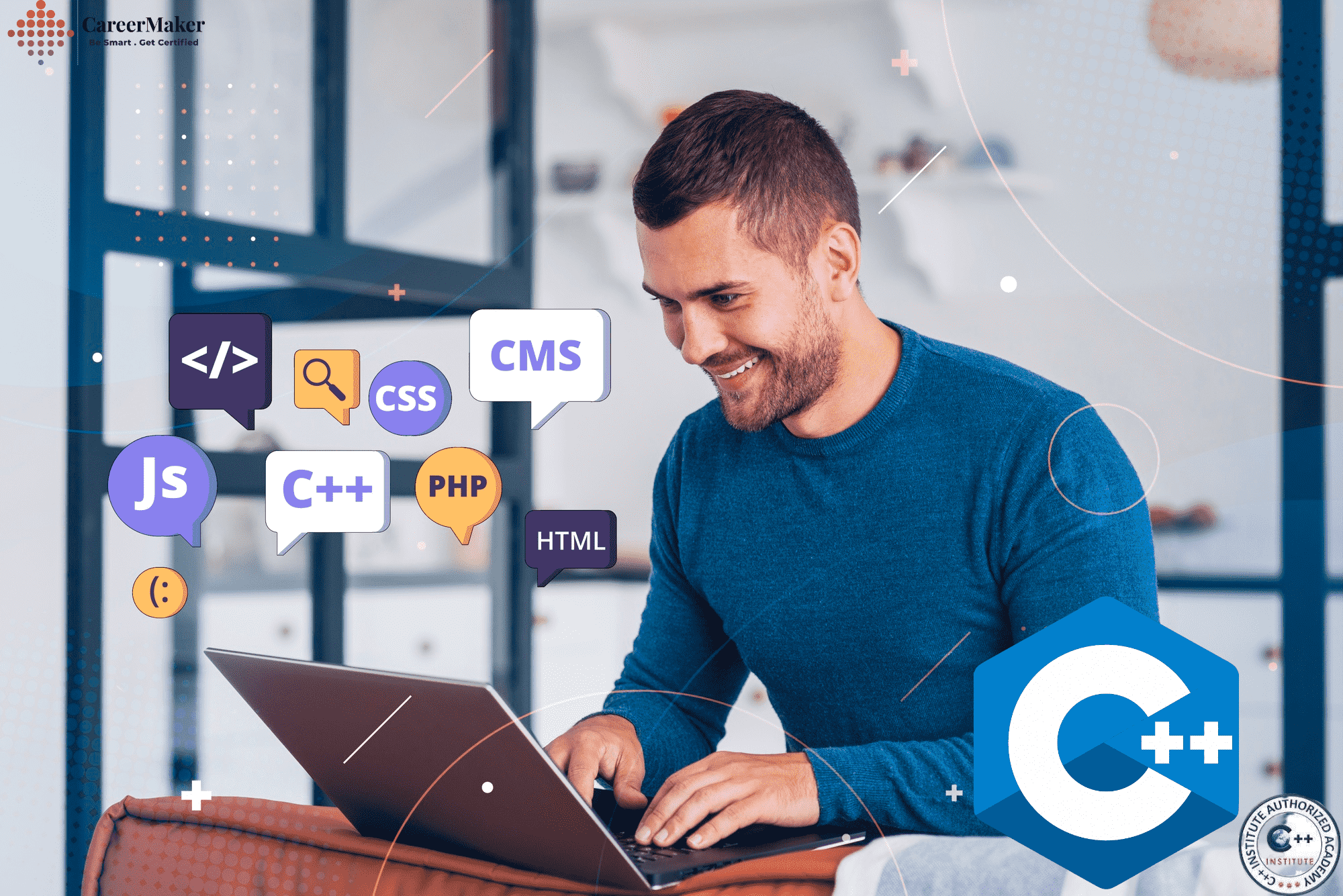 A man working on a laptop with icons for programming languages and technologies like C++, JavaScript, HTML, CSS, PHP, and CMS around him.