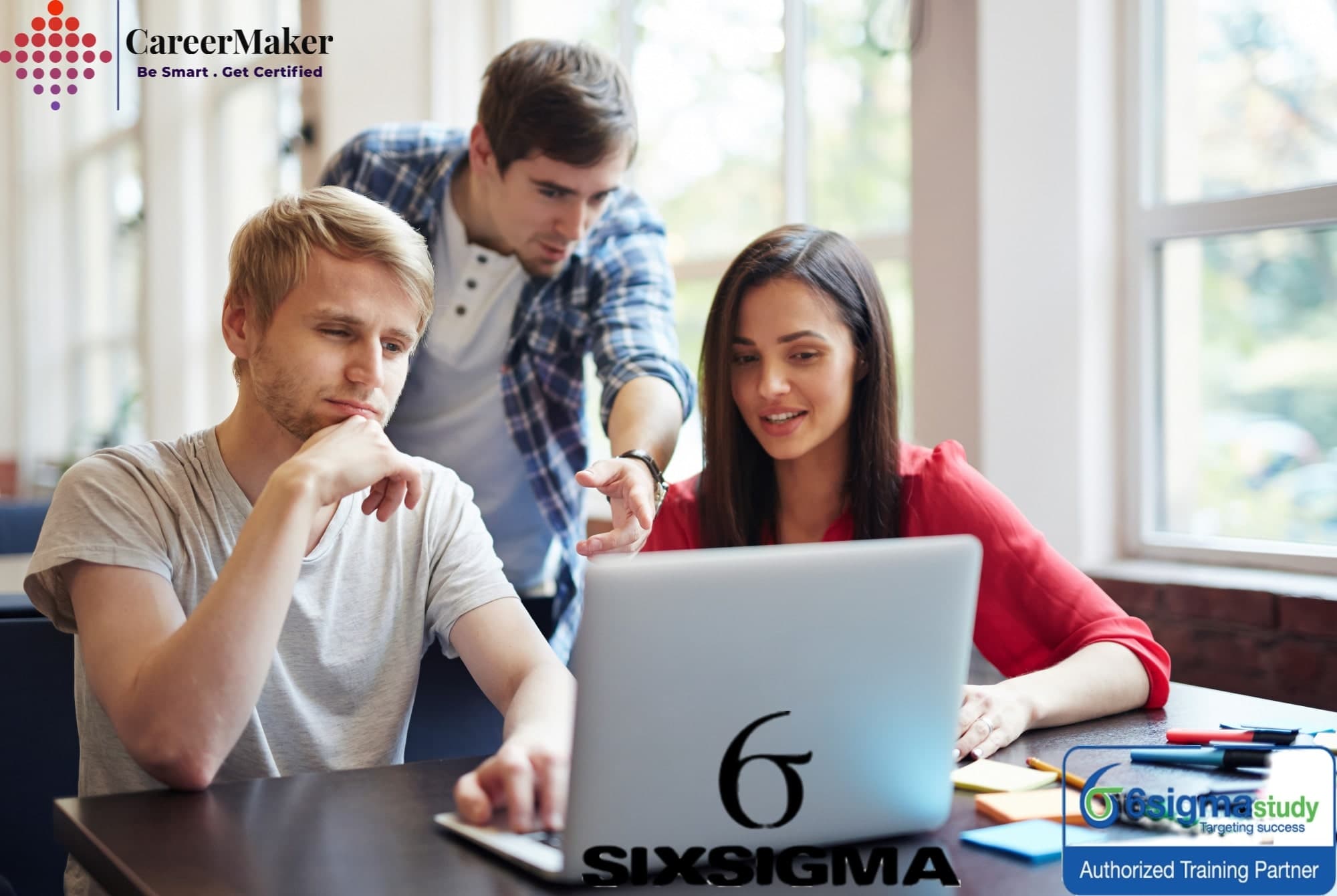 Professionals in a meeting with logos for Career Maker and 6sigma study