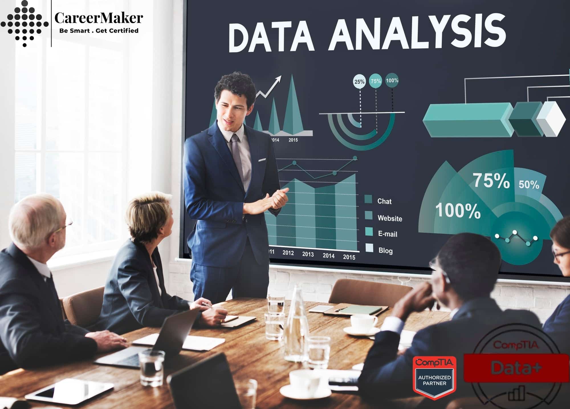 Professionals in a meeting with logos for Career Maker and CompTIA Data +