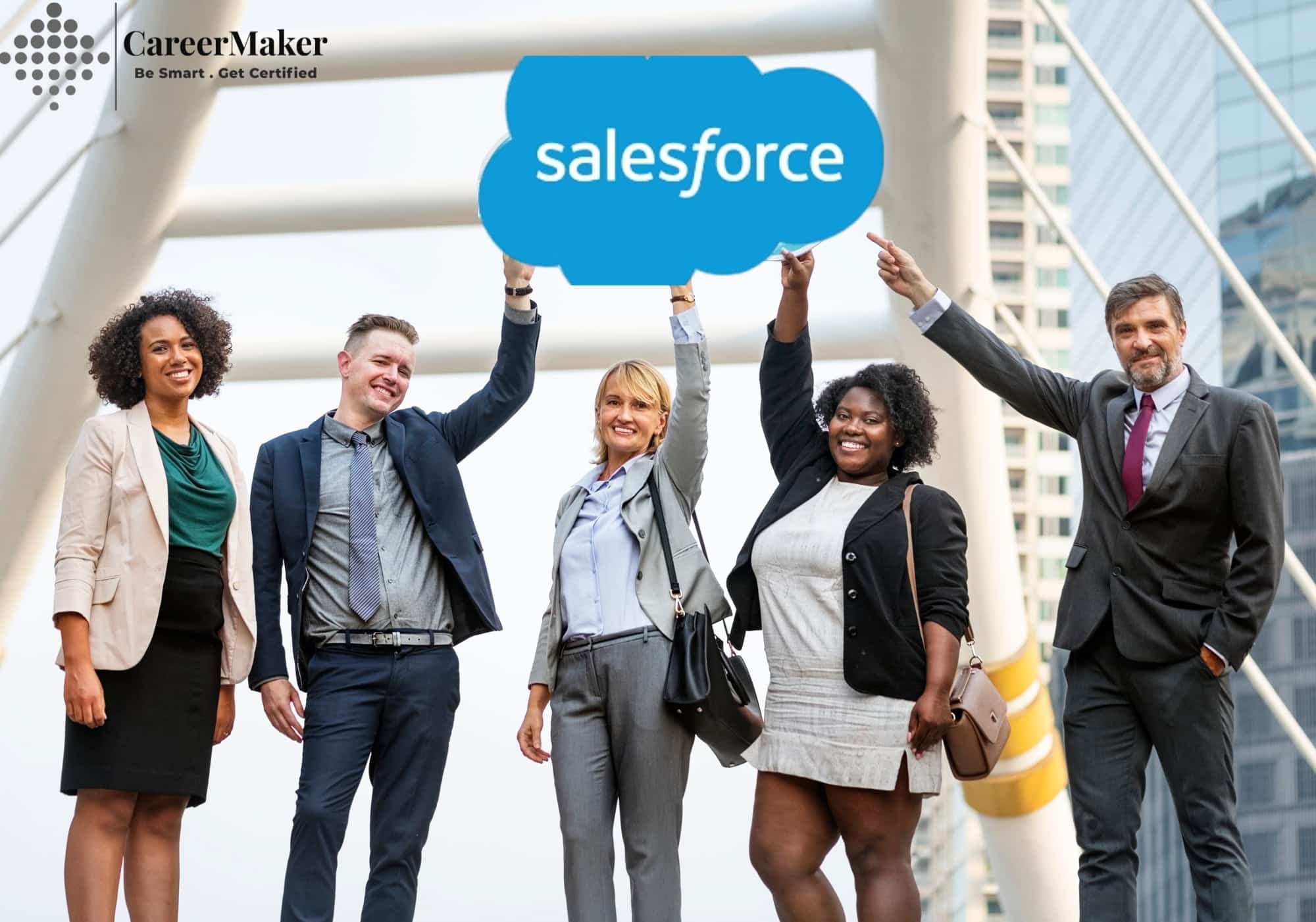 Five professionals point to a Salesforce logo with the Career Maker