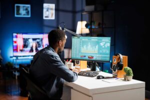 financial expert examining economic situation online 1
